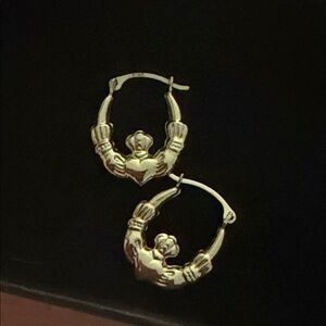 14K Solid Gold Claddagh Hoop Earrings - 14mm